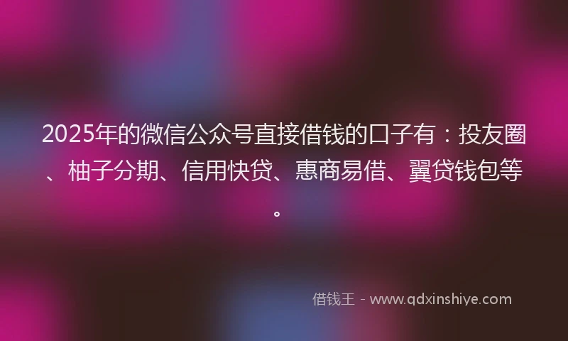 2025年的微信公众号直接借钱的口子有：投友圈、柚子分期、信用快贷、惠商易借、翼贷钱包等。