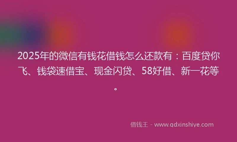 2025年的微信有钱花借钱怎么还款有：百度贷你飞、钱袋速借宝、现金闪贷、58好借、新一花等。