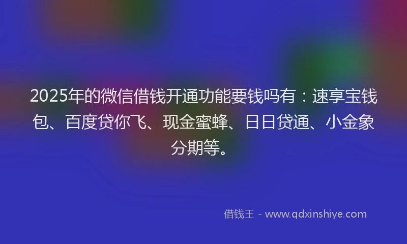 2025年的微信借钱开通功能要钱吗有：速享宝钱包、百度贷你飞、现金蜜蜂、日日贷通、小金象分期等。