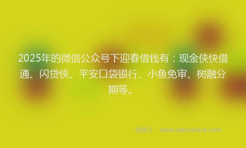 2025年的微信公众号下迎春借钱有：现金侠快借通、闪贷侠、平安口袋银行、小鱼免审、树融分期等。