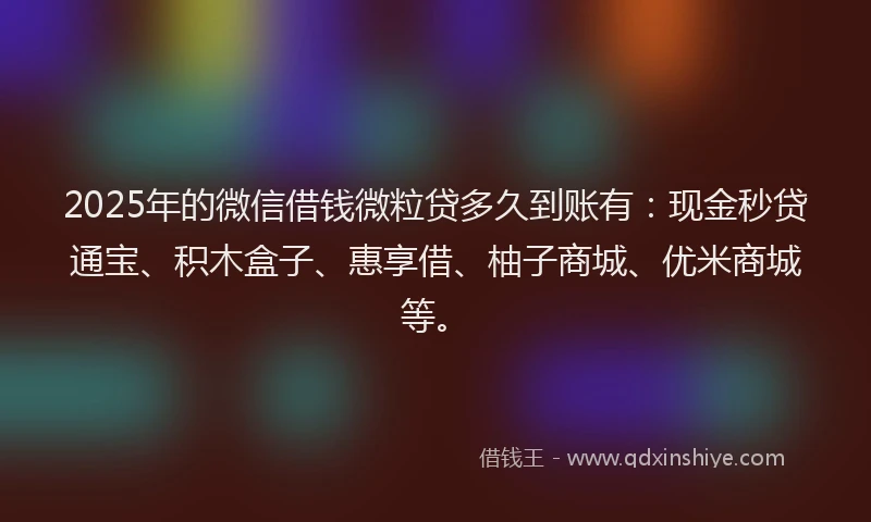2025年的微信借钱微粒贷多久到账有：现金秒贷通宝、积木盒子、惠享借、柚子商城、优米商城等。