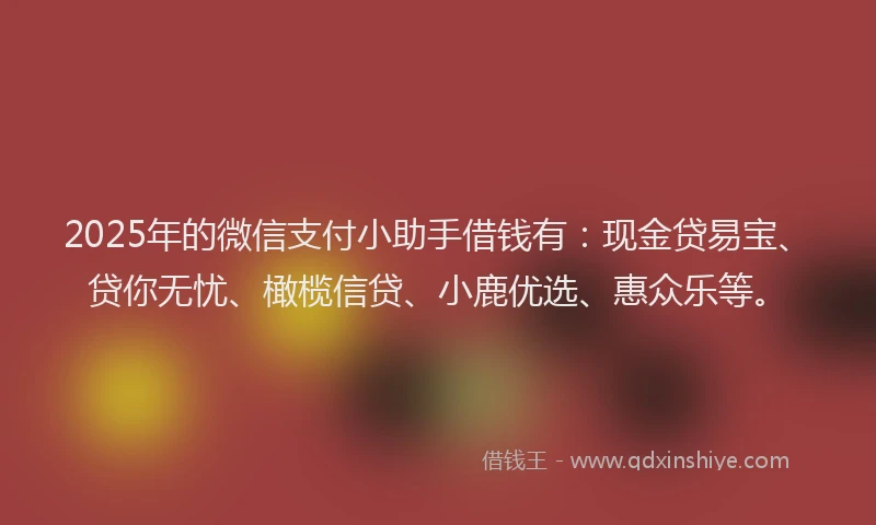 2025年的微信支付小助手借钱有：现金贷易宝、贷你无忧、橄榄信贷、小鹿优选、惠众乐等。