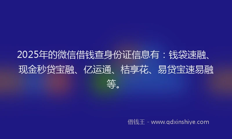 2025年的微信借钱查身份证信息有：钱袋速融、现金秒贷宝融、亿运通、桔享花、易贷宝速易融等。