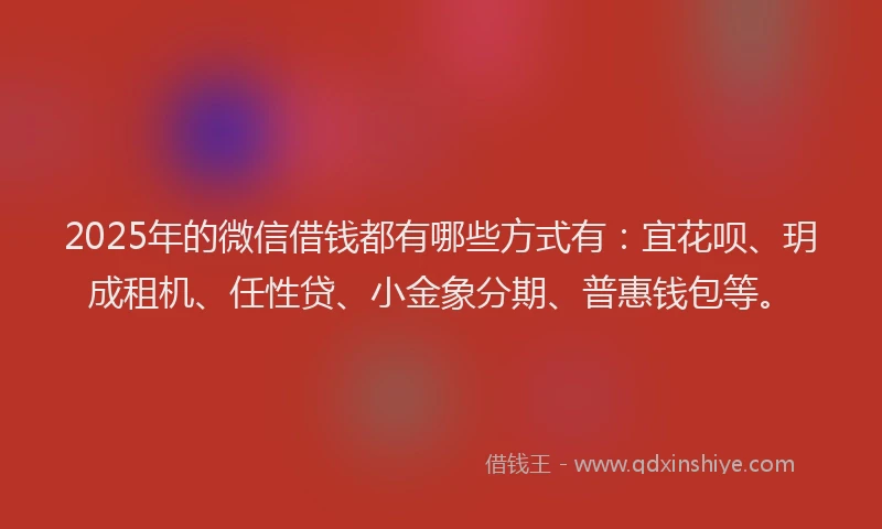 2025年的微信借钱都有哪些方式有：宜花呗、玥成租机、任性贷、小金象分期、普惠钱包等。