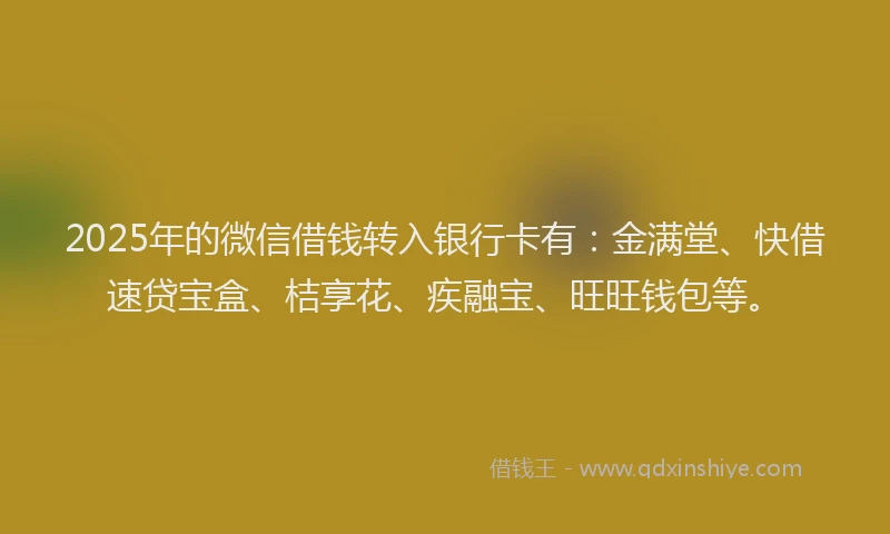 2025年的微信借钱转入银行卡有：金满堂、快借速贷宝盒、桔享花、疾融宝、旺旺钱包等。