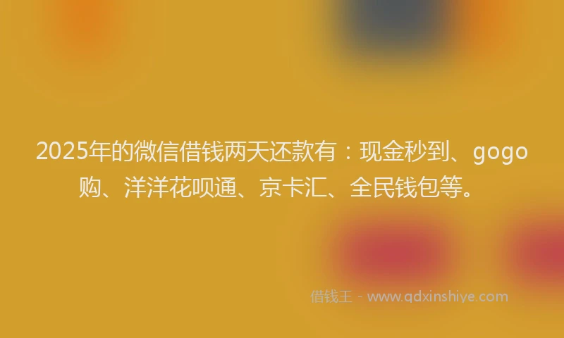 2025年的微信借钱两天还款有：现金秒到、gogo购、洋洋花呗通、京卡汇、全民钱包等。