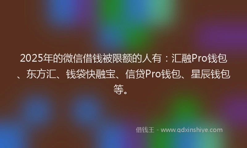 2025年的微信借钱被限额的人有：汇融Pro钱包、东方汇、钱袋快融宝、信贷Pro钱包、星辰钱包等。
