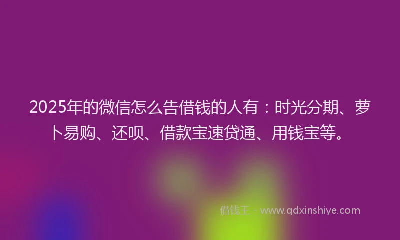 2025年的微信怎么告借钱的人有：时光分期、萝卜易购、还呗、借款宝速贷通、用钱宝等。
