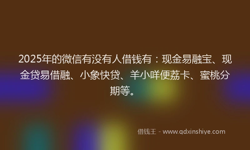 2025年的微信有没有人借钱有：现金易融宝、现金贷易借融、小象快贷、羊小咩便荔卡、蜜桃分期等。