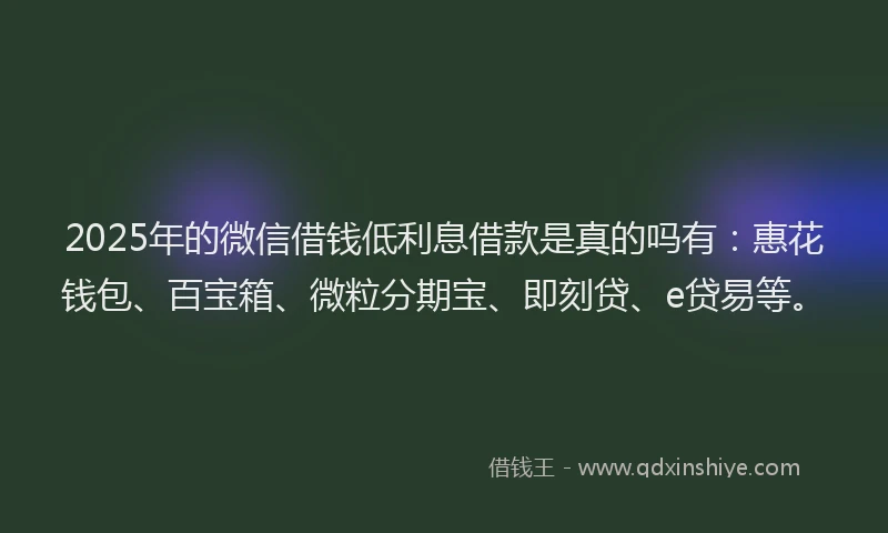 2025年的微信借钱低利息借款是真的吗有：惠花钱包、百宝箱、微粒分期宝、即刻贷、e贷易等。