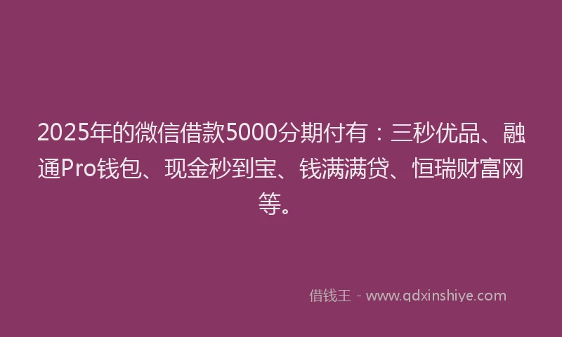 2025年的微信借款5000分期付有：三秒优品、融通Pro钱包、现金秒到宝、钱满满贷、恒瑞财富网等。