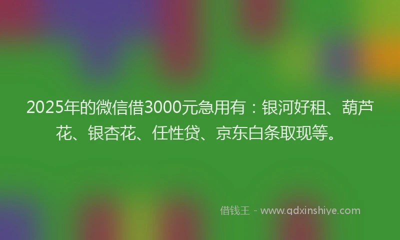 2025年的微信借3000元急用有：银河好租、葫芦花、银杏花、任性贷、京东白条取现等。