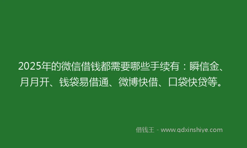 2025年的微信借钱都需要哪些手续有：瞬信金、月月开、钱袋易借通、微博快借、口袋快贷等。