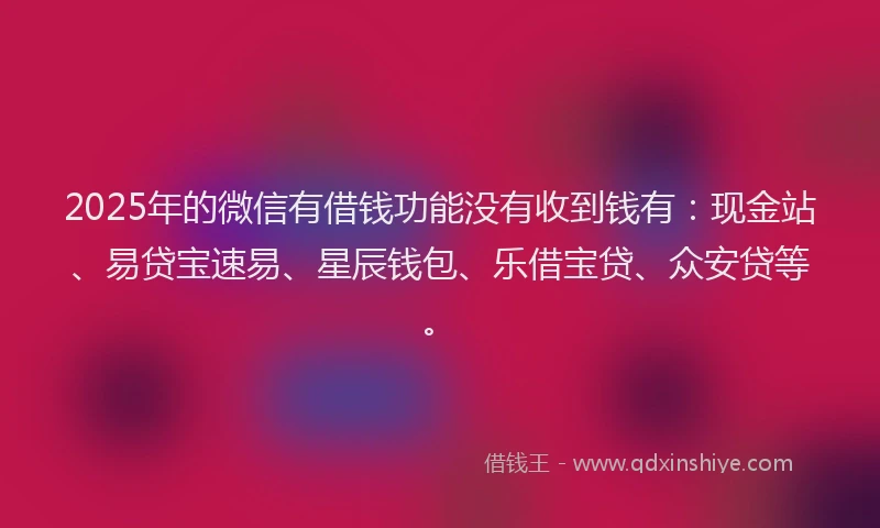 2025年的微信有借钱功能没有收到钱有：现金站、易贷宝速易、星辰钱包、乐借宝贷、众安贷等。