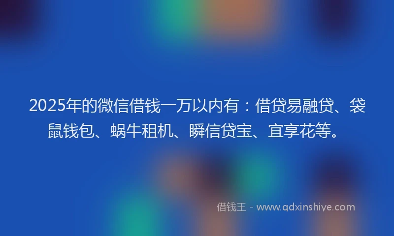 2025年的微信借钱一万以内有：借贷易融贷、袋鼠钱包、蜗牛租机、瞬信贷宝、宜享花等。