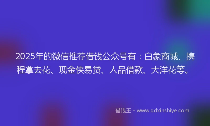 2025年的微信推荐借钱公众号有：白象商城、携程拿去花、现金侠易贷、人品借款、大洋花等。