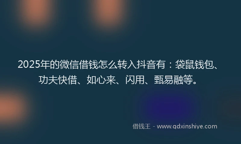 2025年的微信借钱怎么转入抖音有：袋鼠钱包、功夫快借、如心来、闪用、甄易融等。