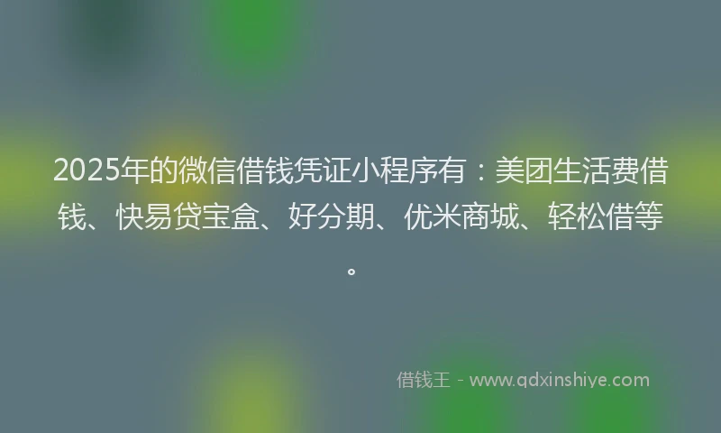2025年的微信借钱凭证小程序有：美团生活费借钱、快易贷宝盒、好分期、优米商城、轻松借等。