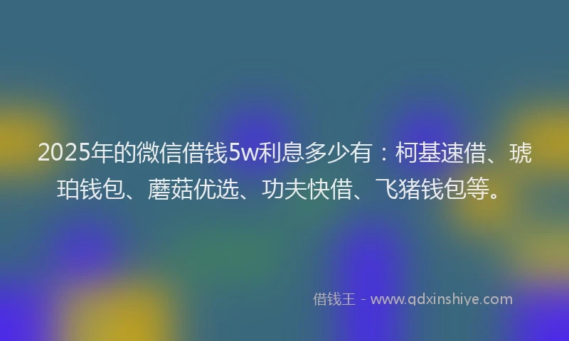 2025年的微信借钱5w利息多少有：柯基速借、琥珀钱包、蘑菇优选、功夫快借、飞猪钱包等。