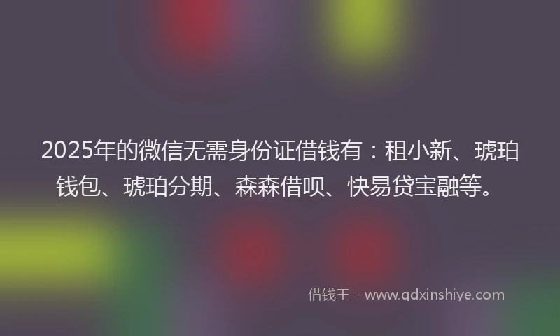 2025年的微信无需身份证借钱有：租小新、琥珀钱包、琥珀分期、森森借呗、快易贷宝融等。