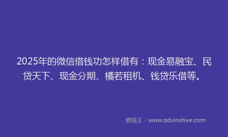 2025年的微信借钱功怎样借有：现金易融宝、民贷天下、现金分期、橘若租机、钱贷乐借等。