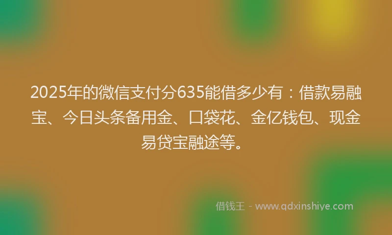 2025年的微信支付分635能借多少有：借款易融宝、今日头条备用金、口袋花、金亿钱包、现金易贷宝融途等。