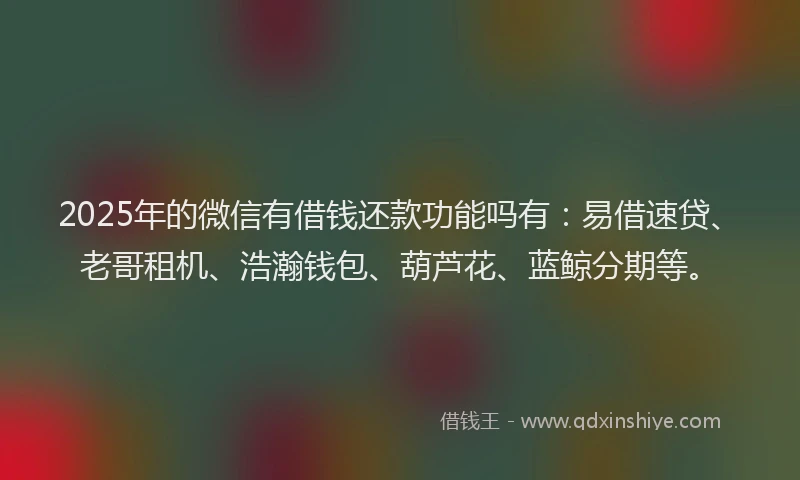 2025年的微信有借钱还款功能吗有：易借速贷、老哥租机、浩瀚钱包、葫芦花、蓝鲸分期等。