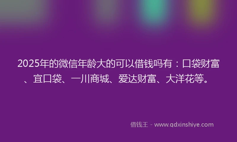 2025年的微信年龄大的可以借钱吗有：口袋财富、宜口袋、一川商城、爱达财富、大洋花等。