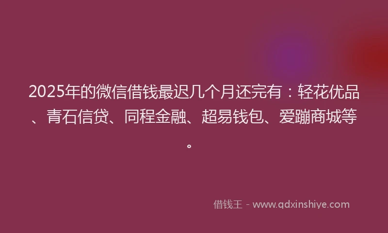 2025年的微信借钱最迟几个月还完有：轻花优品、青石信贷、同程金融、超易钱包、爱蹦商城等。