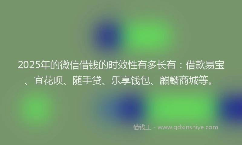 2025年的微信借钱的时效性有多长有：借款易宝、宜花呗、随手贷、乐享钱包、麒麟商城等。