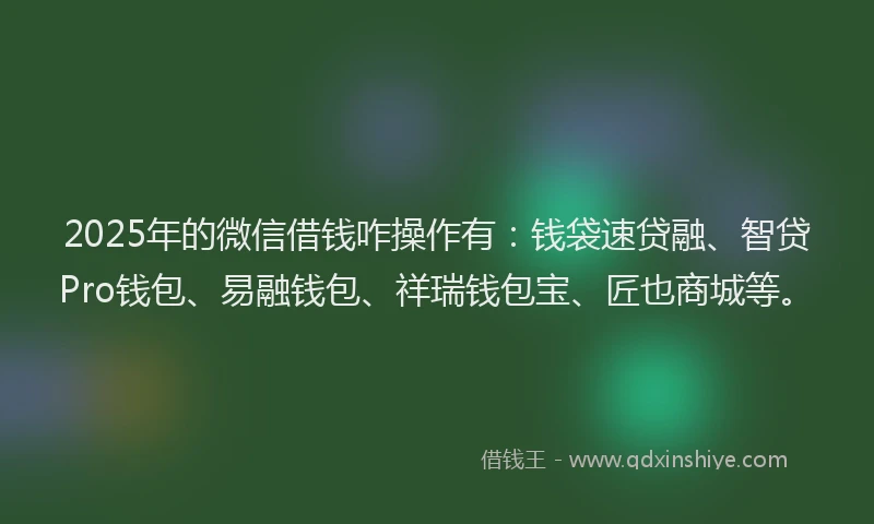 2025年的微信借钱咋操作有：钱袋速贷融、智贷Pro钱包、易融钱包、祥瑞钱包宝、匠也商城等。