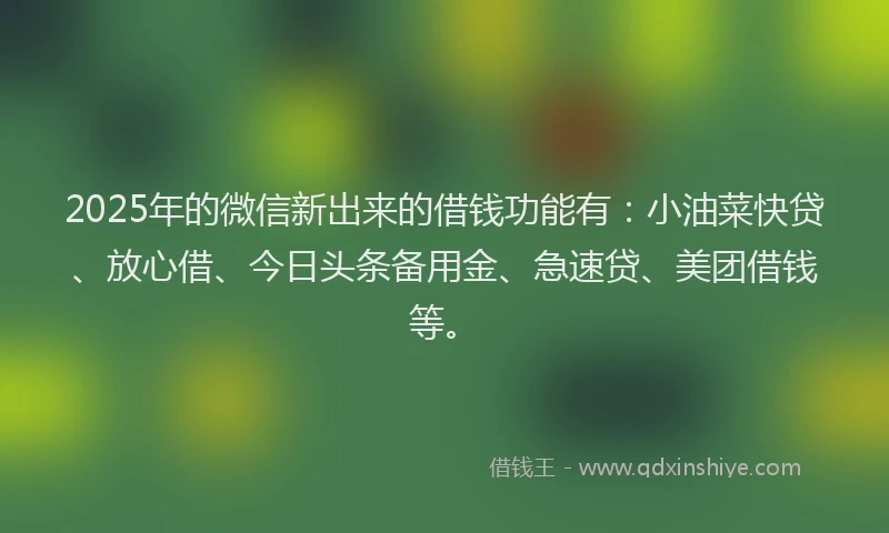 2025年的微信新出来的借钱功能有：小油菜快贷、放心借、今日头条备用金、急速贷、美团借钱等。