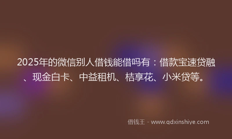2025年的微信别人借钱能借吗有：借款宝速贷融、现金白卡、中益租机、桔享花、小米贷等。