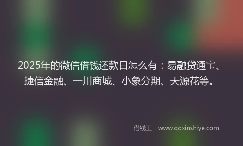 2025年的微信借钱还款日怎么有：易融贷通宝、捷信金融、一川商城、小象分期、天源花等。