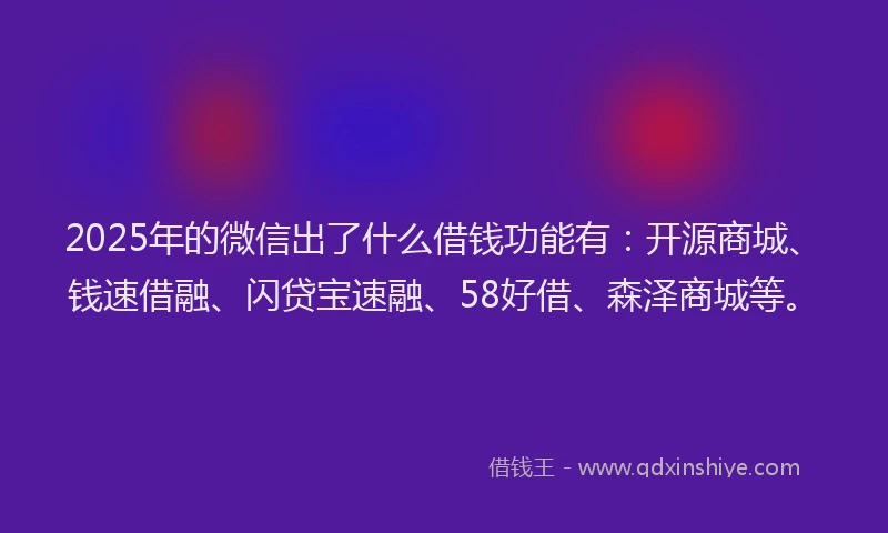 2025年的微信出了什么借钱功能有：开源商城、钱速借融、闪贷宝速融、58好借、森泽商城等。