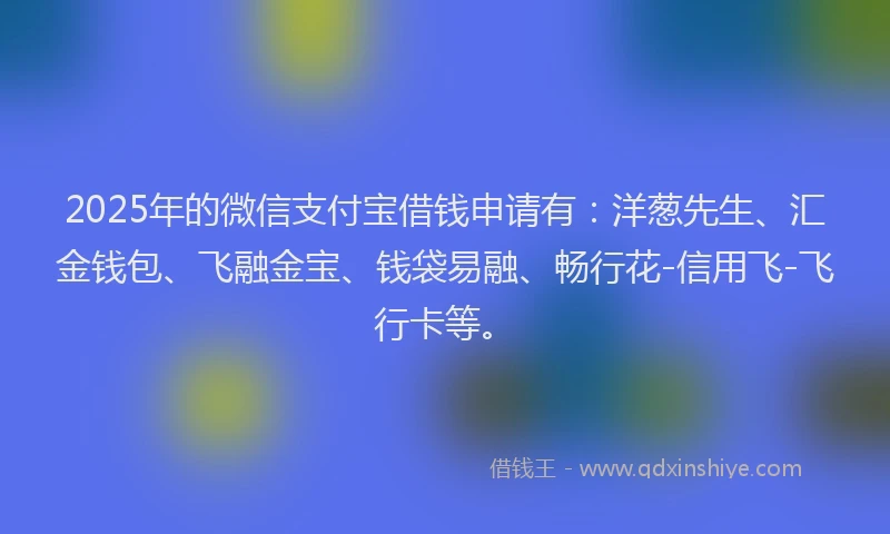 2025年的微信支付宝借钱申请有：洋葱先生、汇金钱包、飞融金宝、钱袋易融、畅行花-信用飞-飞行卡等。
