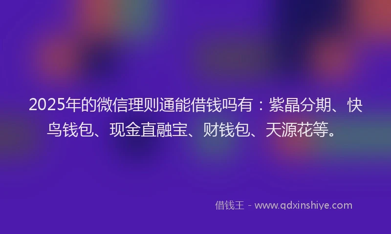 2025年的微信理则通能借钱吗有：紫晶分期、快鸟钱包、现金直融宝、财钱包、天源花等。
