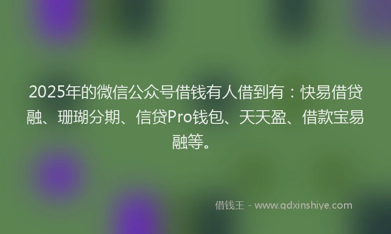 2025年的微信公众号借钱有人借到有：快易借贷融、珊瑚分期、信贷Pro钱包、天天盈、借款宝易融等。