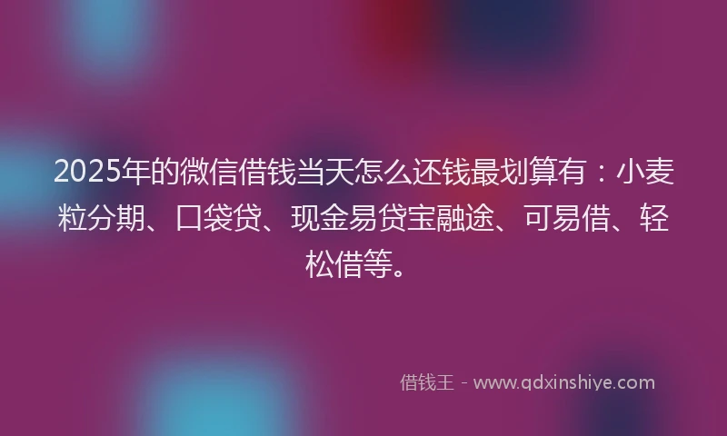 2025年的微信借钱当天怎么还钱最划算有：小麦粒分期、口袋贷、现金易贷宝融途、可易借、轻松借等。