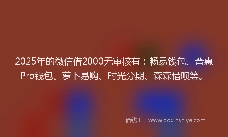 2025年的微信借2000无审核有：畅易钱包、普惠Pro钱包、萝卜易购、时光分期、森森借呗等。