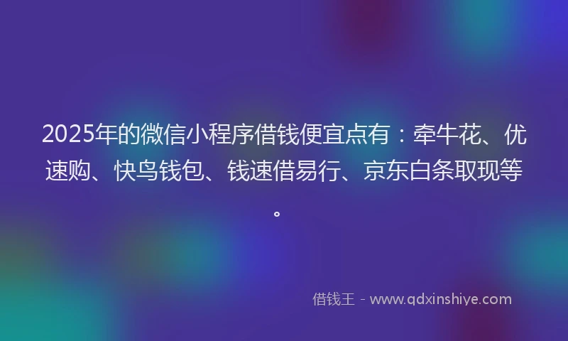 2025年的微信小程序借钱便宜点有：牵牛花、优速购、快鸟钱包、钱速借易行、京东白条取现等。