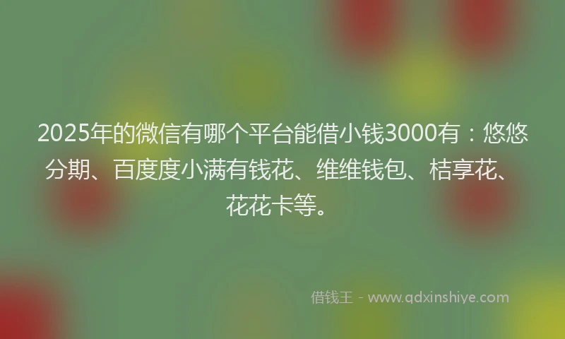 2025年的微信有哪个平台能借小钱3000有：悠悠分期、百度度小满有钱花、维维钱包、桔享花、花花卡等。