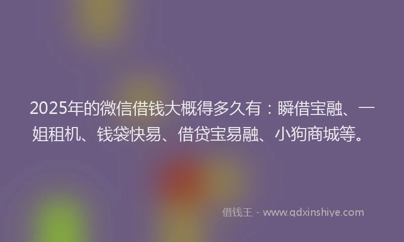 2025年的微信借钱大概得多久有：瞬借宝融、一姐租机、钱袋快易、借贷宝易融、小狗商城等。
