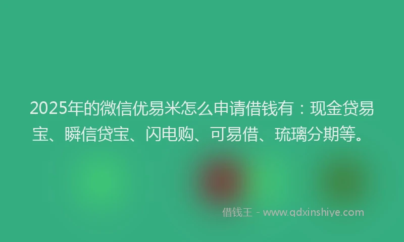 2025年的微信优易米怎么申请借钱有：现金贷易宝、瞬信贷宝、闪电购、可易借、琉璃分期等。