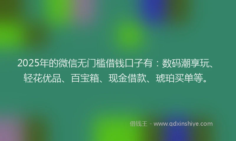 2025年的微信无门槛借钱口子有：数码潮享玩、轻花优品、百宝箱、现金借款、琥珀买单等。