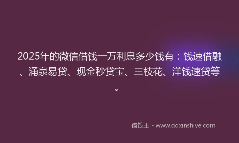2025年的微信借钱一万利息多少钱有：钱速借融、涌泉易贷、现金秒贷宝、三枝花、洋钱速贷等。