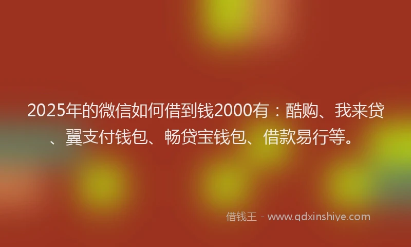 2025年的微信如何借到钱2000有：酷购、我来贷、翼支付钱包、畅贷宝钱包、借款易行等。