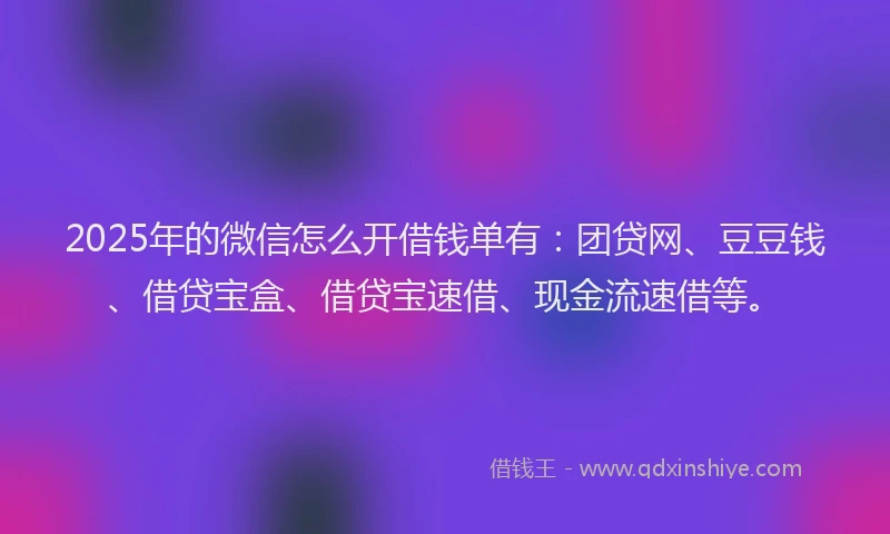 2025年的微信怎么开借钱单有：团贷网、豆豆钱、借贷宝盒、借贷宝速借、现金流速借等。