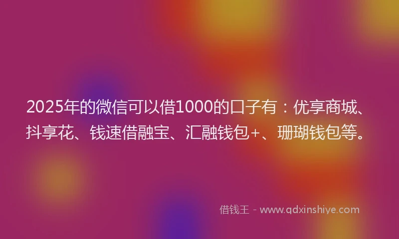 2025年的微信可以借1000的口子有：优享商城、抖享花、钱速借融宝、汇融钱包+、珊瑚钱包等。