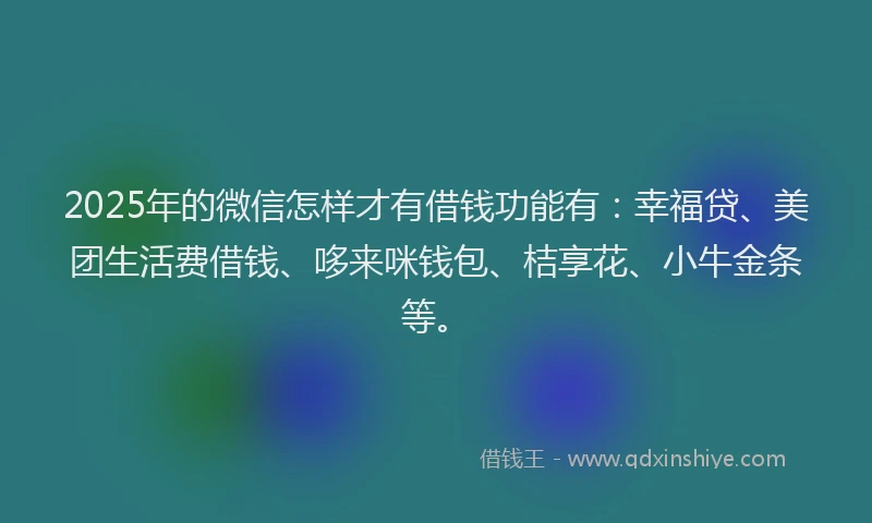 2025年的微信怎样才有借钱功能有：幸福贷、美团生活费借钱、哆来咪钱包、桔享花、小牛金条等。